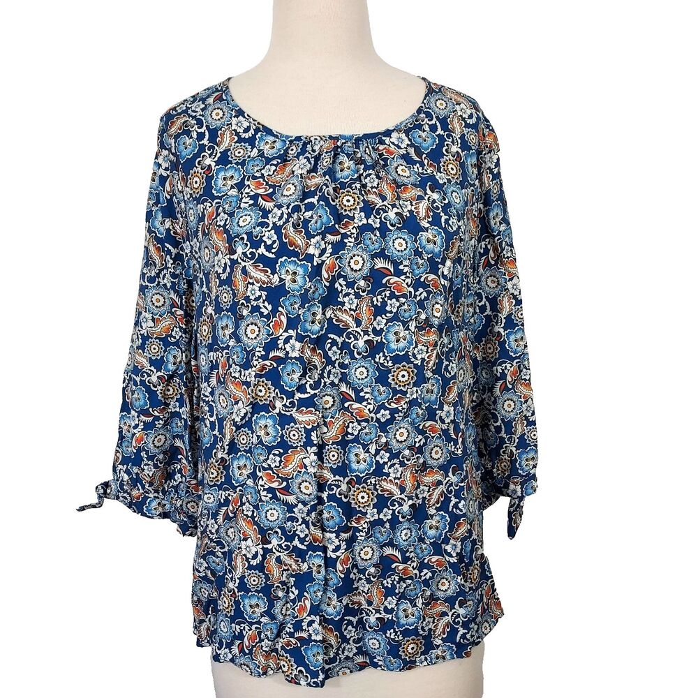 Christopher & Banks Shirt Top Blouse Sz Large Lightweight Floral 3/4 Tie Sleeve